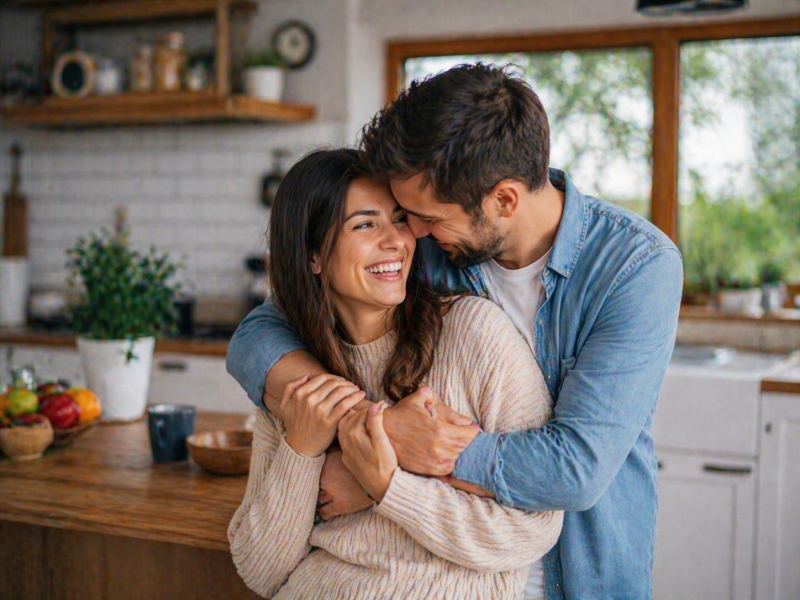Casal demonstrando afeto em um ambiente doméstico