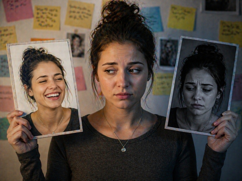 Pessoa entre retratos que representam diferentes estados emocionais