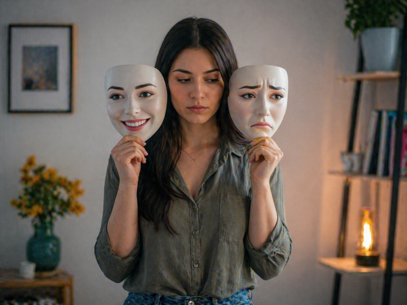 Pessoa segurando máscaras que representam diferentes emoções