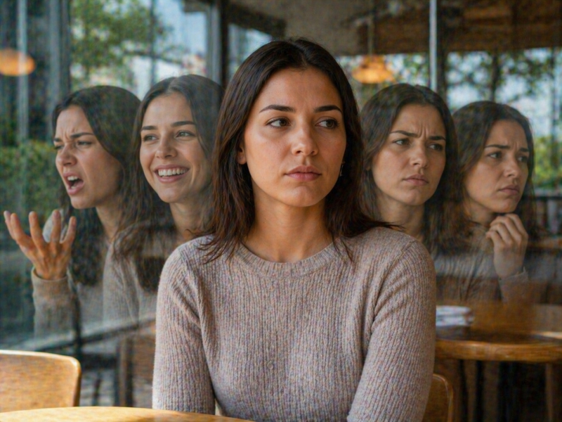 Pessoa cercada por reflexos que representam diferentes expressões emocionais